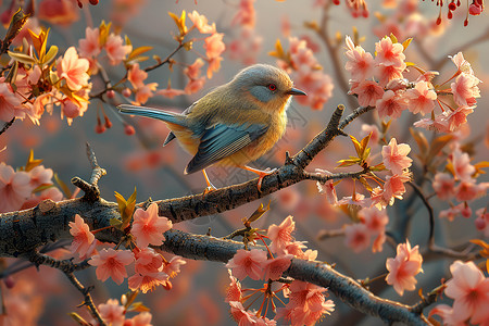 鸟儿喂食樱花树上栖息的小鸟背景