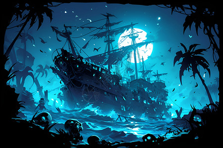 幽灵素材梦幻的幽灵海盗船插画