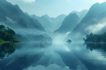 山脉晨雾晨雾中的河流插画