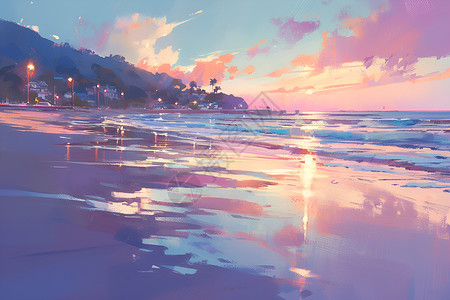 夕阳染红的海滩插画