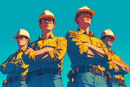 安全检测三位戴着安全帽子的建筑工人插画
