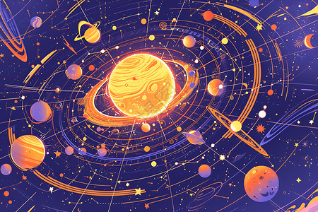 金色的太阳系星球插画
