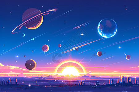 卡通星球上天空中的星球插画