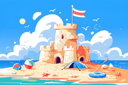 阳光下的海滩城堡背景图片