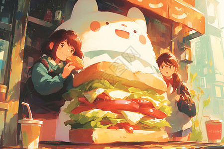女孩和巨型三明治背景图片