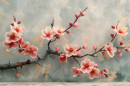 粉色桃花瓣春日盛开的樱花枝插画