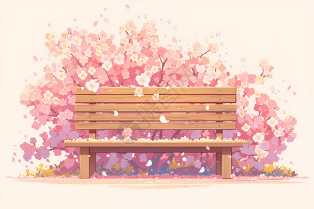 粉色花瓣下的木制长椅高清图片