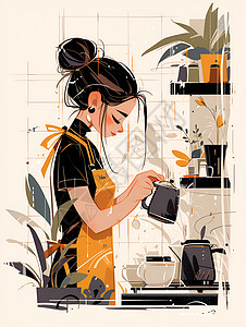 准备冲泡的绿茶小女孩在档口准备咖啡插画
