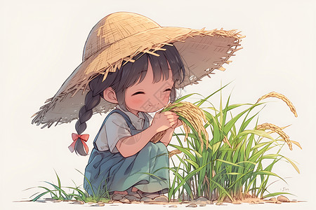 打稻谷一个可爱的小女孩在田野里插画