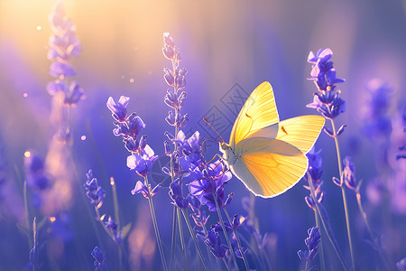 美丽的紫色花紫色花海中的蝴蝶插画