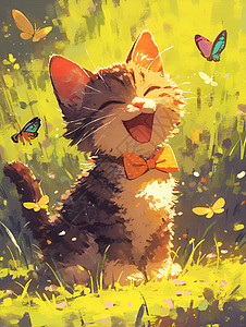 泼墨蝴蝶户外草地上的猫咪插画