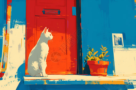 宠物卡通背景红门前的猫咪插画