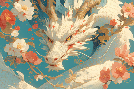 别墅细节神秘的龙与花朵背景插画