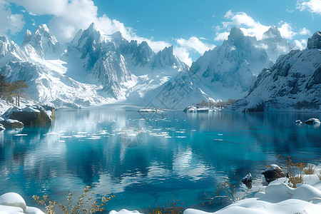 壮观美景冰湖映山的美景插画