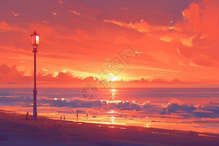 染红的海边夕阳染红天空插画