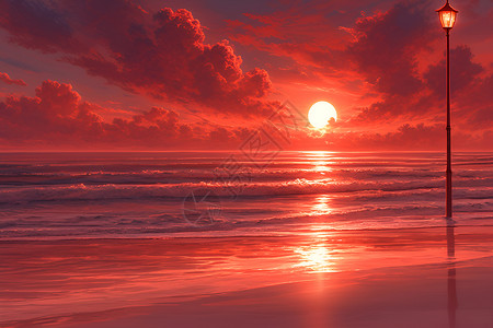 海边红霞夕阳美景背景图片