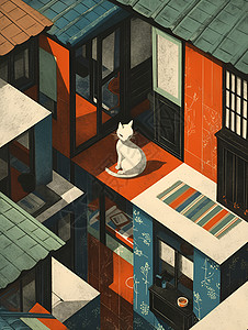 宠物选美现代家居中的猫咪插画