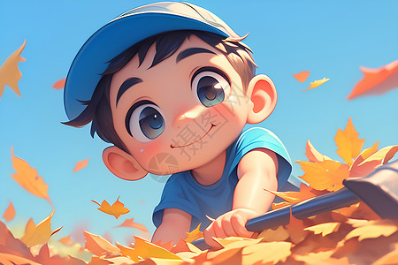 户外打扫秋日里可爱的卡通形象小男孩插画