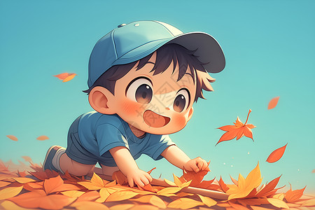 户外打扫小男孩在秋天扫树叶插画