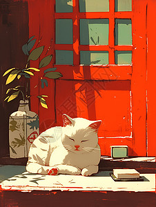白猫躺在红门外的桌子背景图片