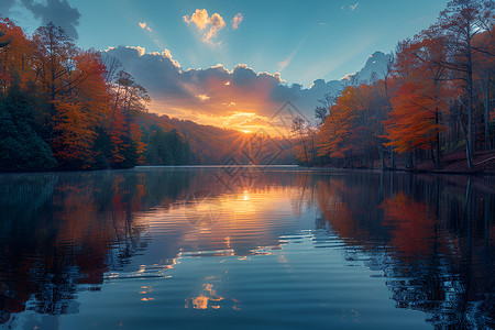 夕阳时的山脉和湖泊高清图片