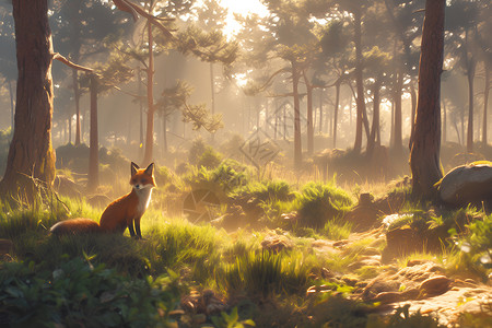 森林中的红狐狸插画