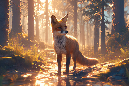 红狐森林中的狐狸插画