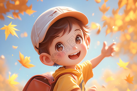 带帽子的小男孩秋日落叶间的小男孩插画