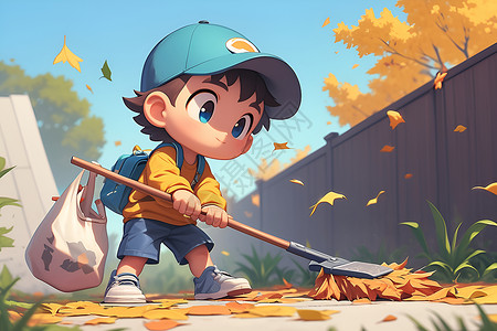 饲料袋子小男孩在街上用扫帚打扫落叶插画