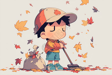 清扫落叶的男孩插画