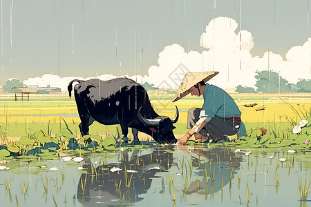农夫与水牛在田间劳作高清图片