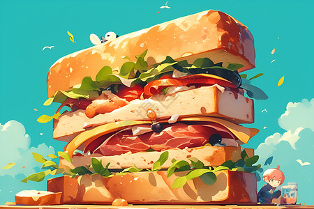 早餐类食物美味的巨型三明治插画