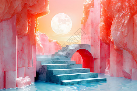 梦幻粉色楼梯月下的梦幻台阶插画