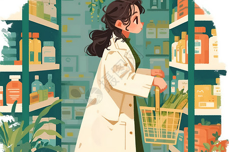 可爱商品素材白衣女孩在超市插画