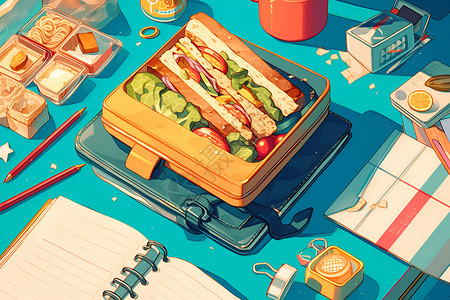 美味午餐餐盒中的美食插画