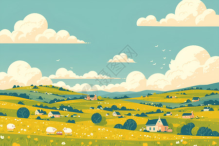 新疆牧场风光草地上的可爱绵羊插画
