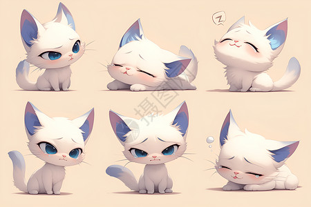 可爱美女的表情和姿势可爱白猫的不同表情与姿势插画
