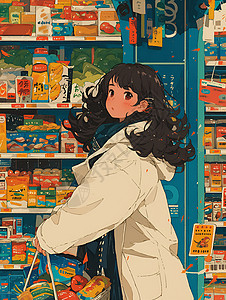 高级超市女士在杂货店购物插画