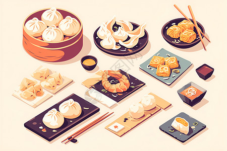 中式早餐搭配丰盛的中式早点插画