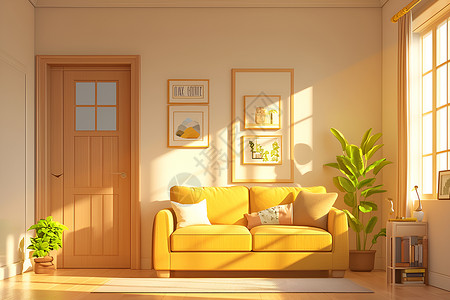 现代极简家居温暖舒适的极简客厅插画