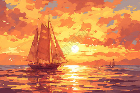 浪漫之旅浪漫夕阳下的帆船之旅插画