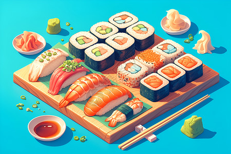 新鲜三文鱼美食寿司艺术插画