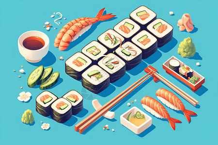 新鲜三文鱼美味的寿司盛宴插画