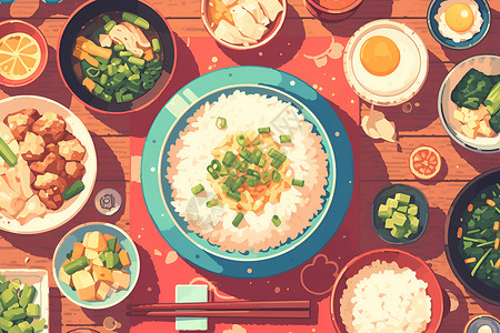 韩式小菜美食绘画丰盛的鸡肉饭插画
