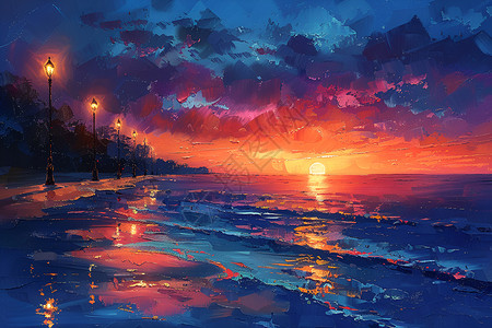 海滩风景夕阳下的海滩插画