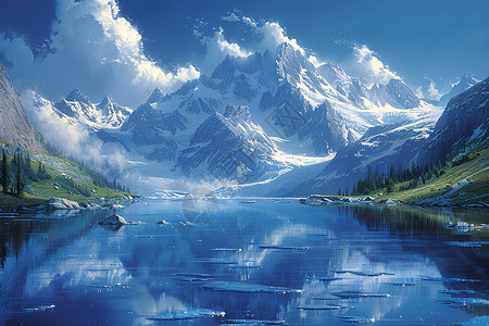 湖泊雪山湖泊倒映的雪山插画