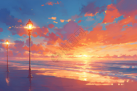 海滩拾贝海边的夕阳插画