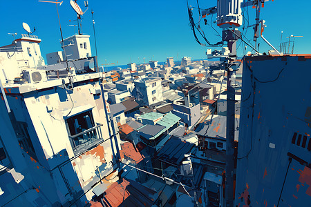 城市卫星天际巨幕下的都市幻景插画