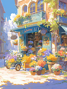 街头繁盛的花店背景图片