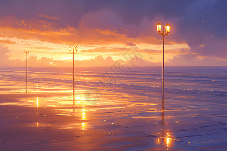 黄昏下海滩海滩上的夕阳插画